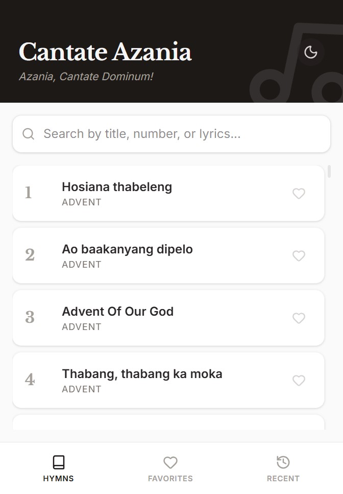 Cantate Azania App Interface